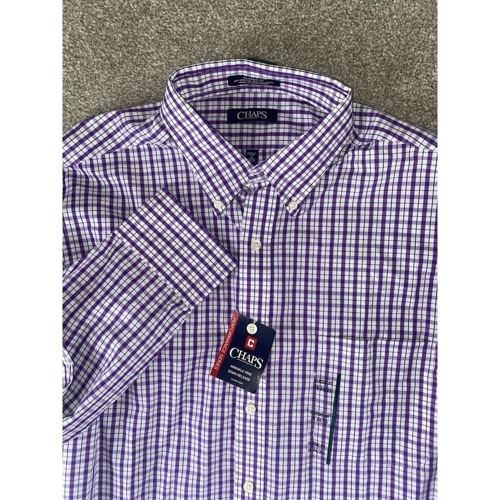 Chaps Purple Plaid Check Shirt Mens Large 16 34/35 Wrinkle Free Classic Fit Prep